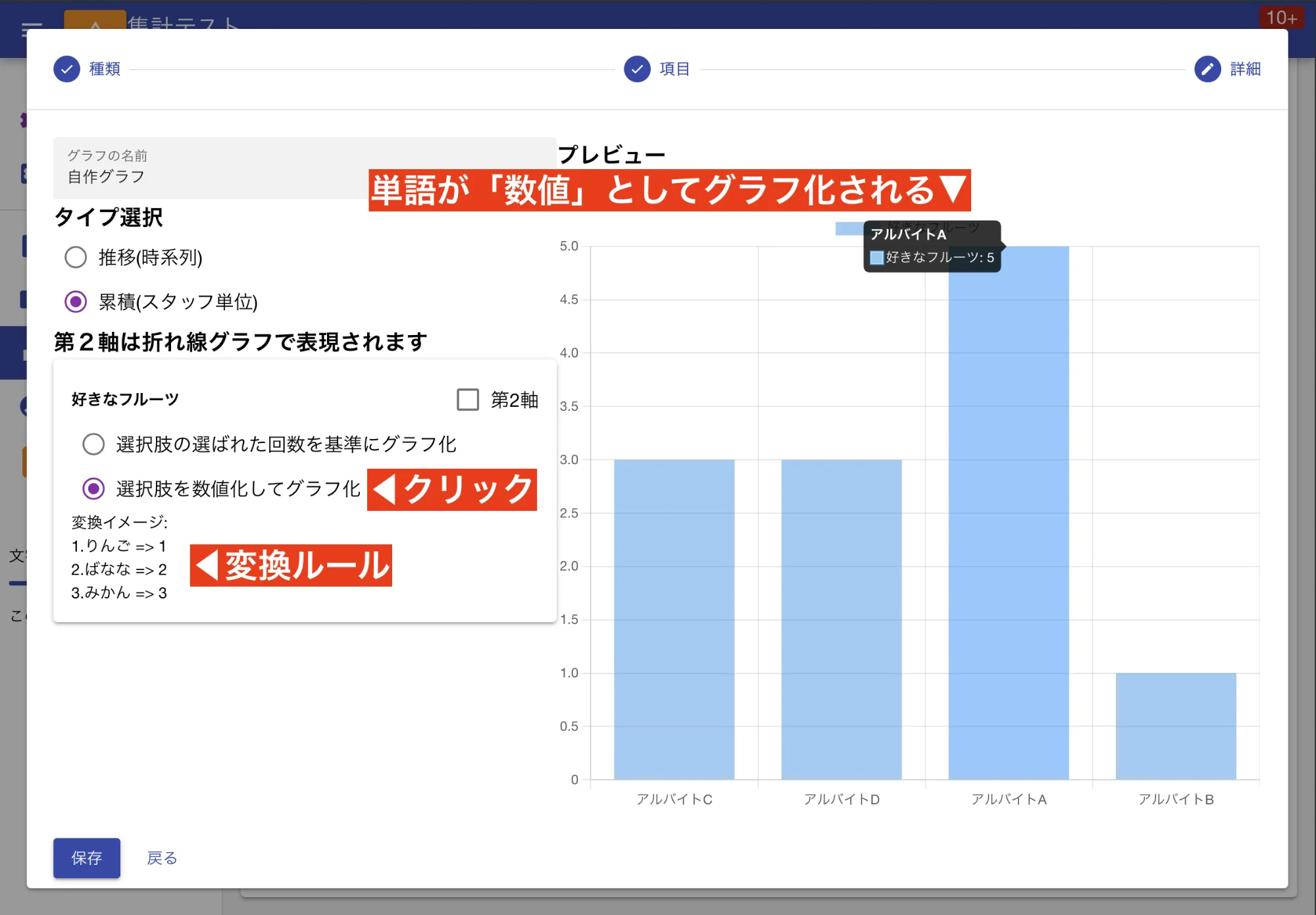 選択肢を数値化してグラフ化することも可能です。少し事前準備が必要ですが、より詳細なデータ分析に役立ちます