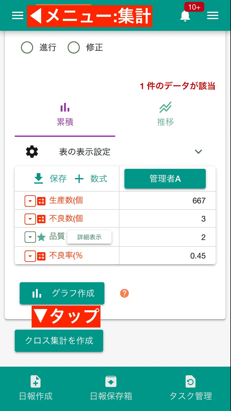 異なるテンプレート（日報、点検シート、生産報告書など）のデータを同時に集計するクロス集計テーブルを作成します
