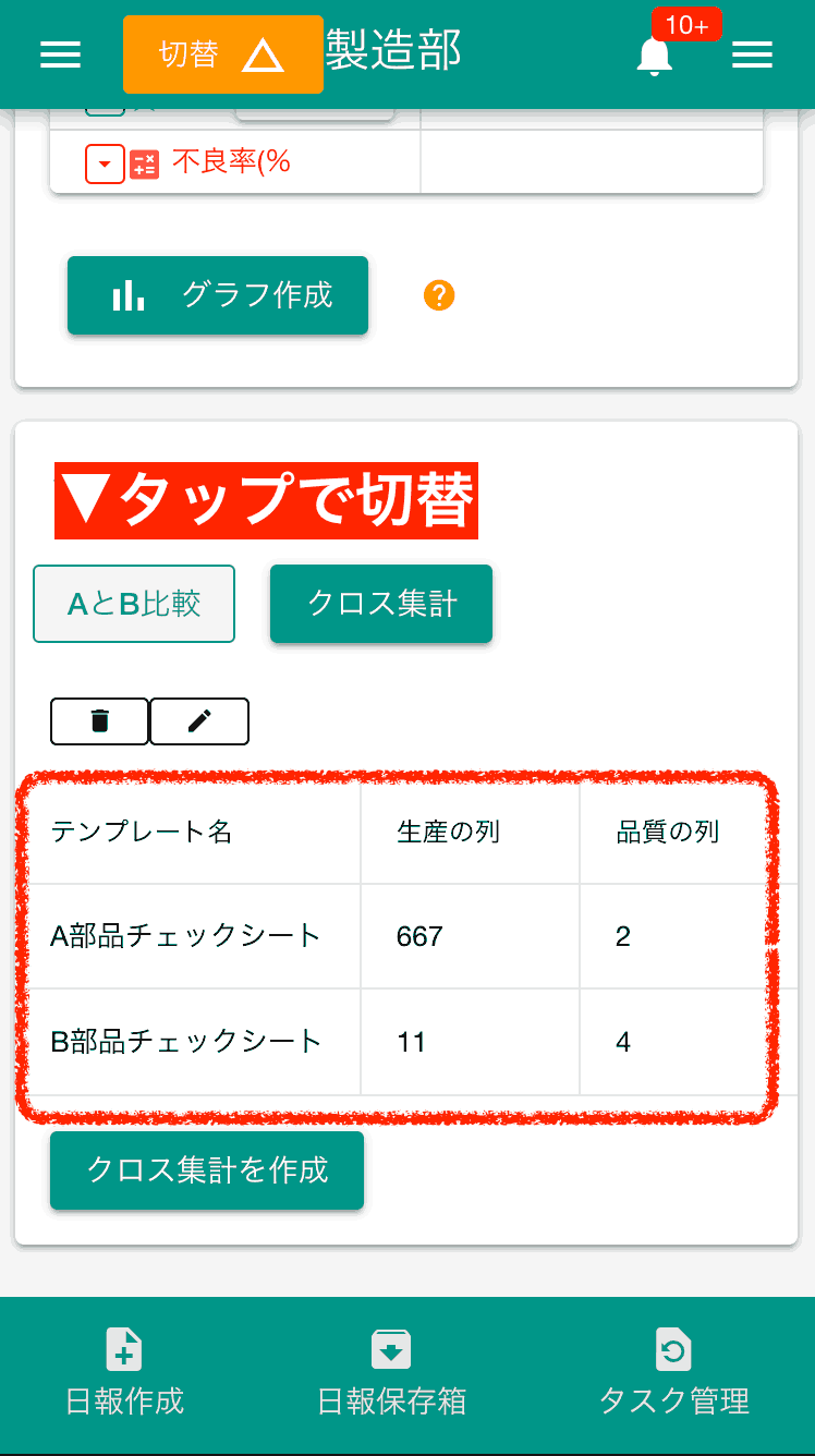作成したクロス集計を表示します。異なるテンプレートのデータを横断的に比較し、全体像を把握しましょう
