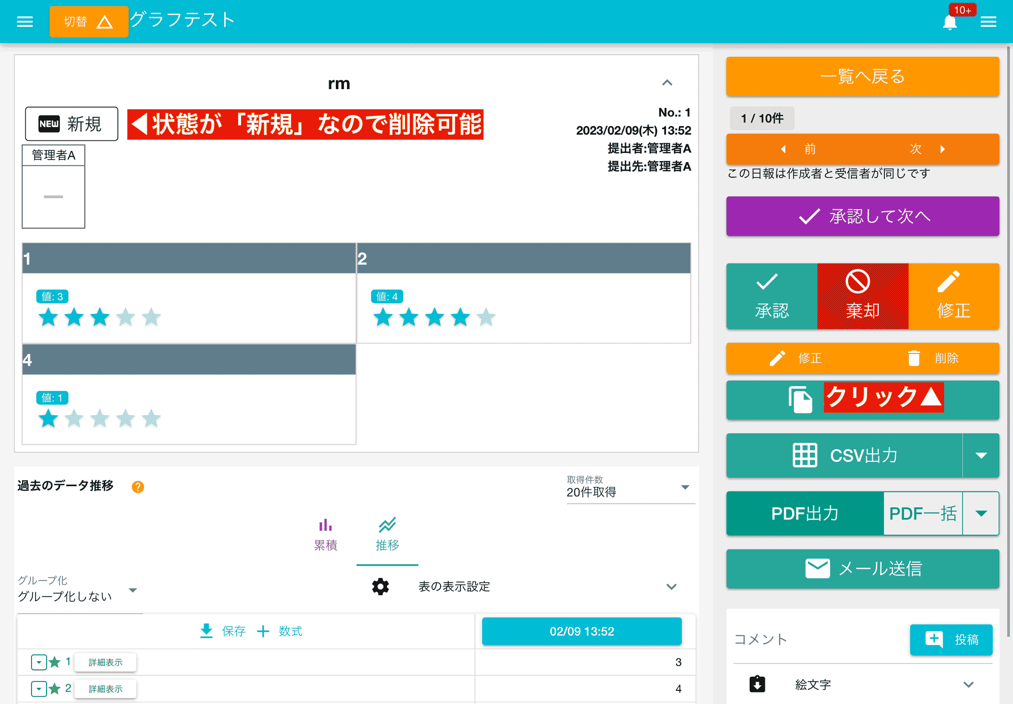 自分の日報で、かつ状態が新規または棄却の場合、削除ボタンが表示されます。内容を確認し、削除を実行します