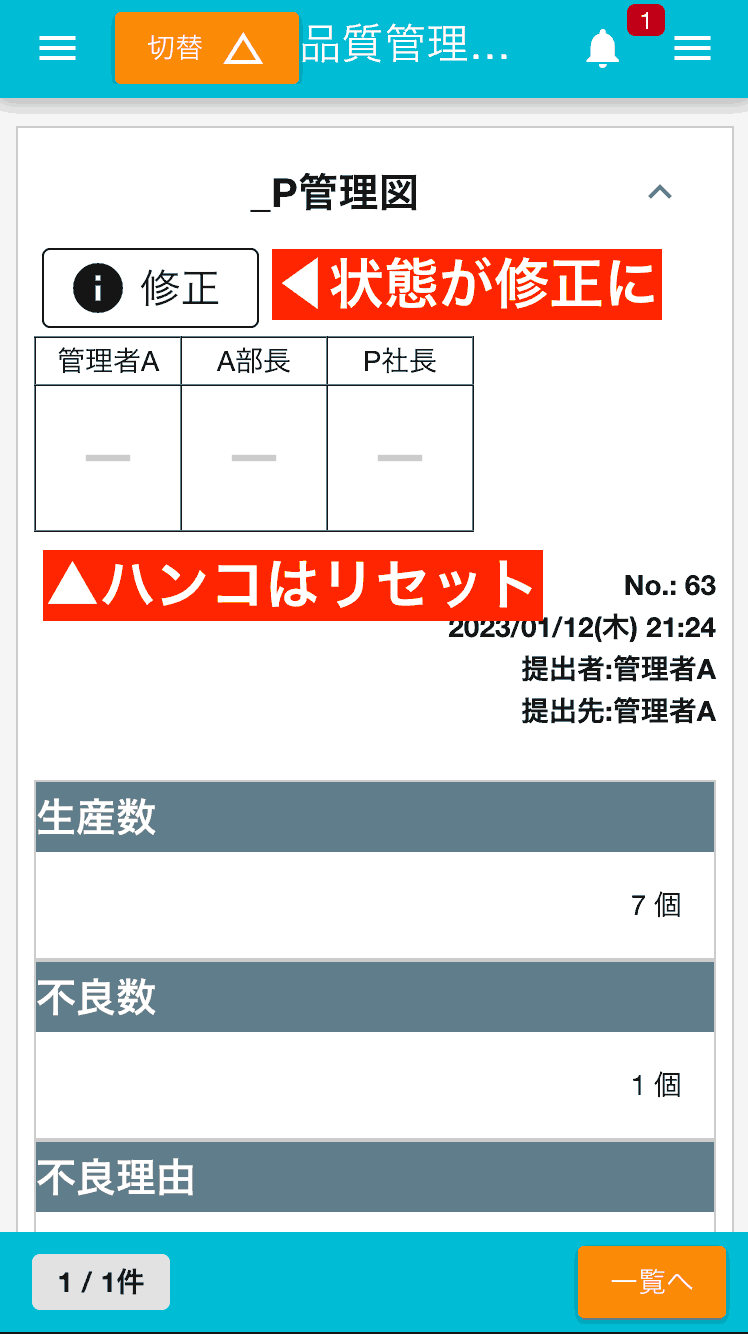 日報が修正されると、内容は変わったため承認リレーも最初からやり直しになります。データの正確性を保証するNipoPlusの仕組みです