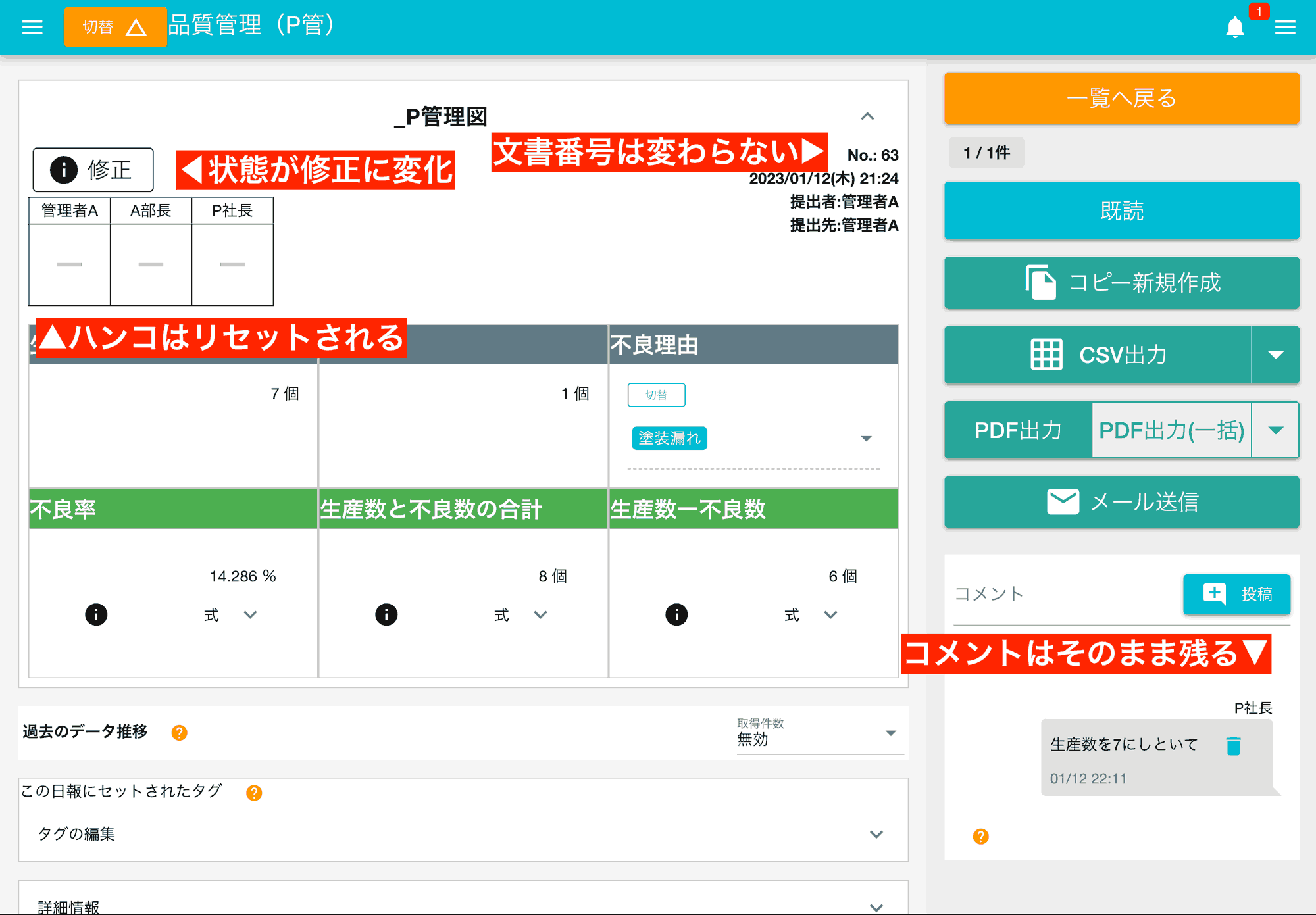 日報が修正されると、内容は変わったため承認リレーも最初からやり直しになります。データの正確性を保証するNipoPlusの仕組みです
