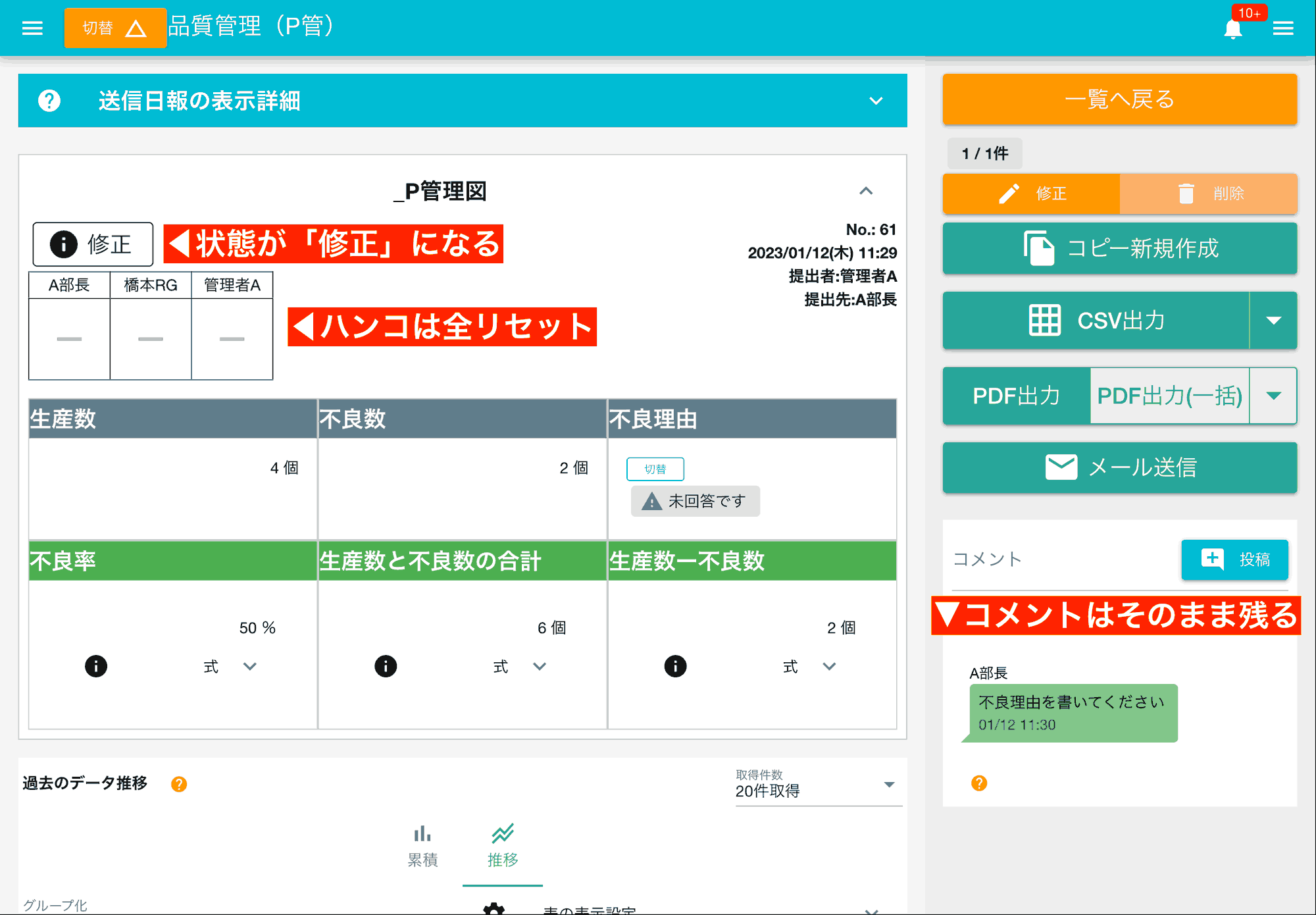 修正された日報や点検記録は状態が「修正」になります。これにより、修正履歴を視覚的に把握できます