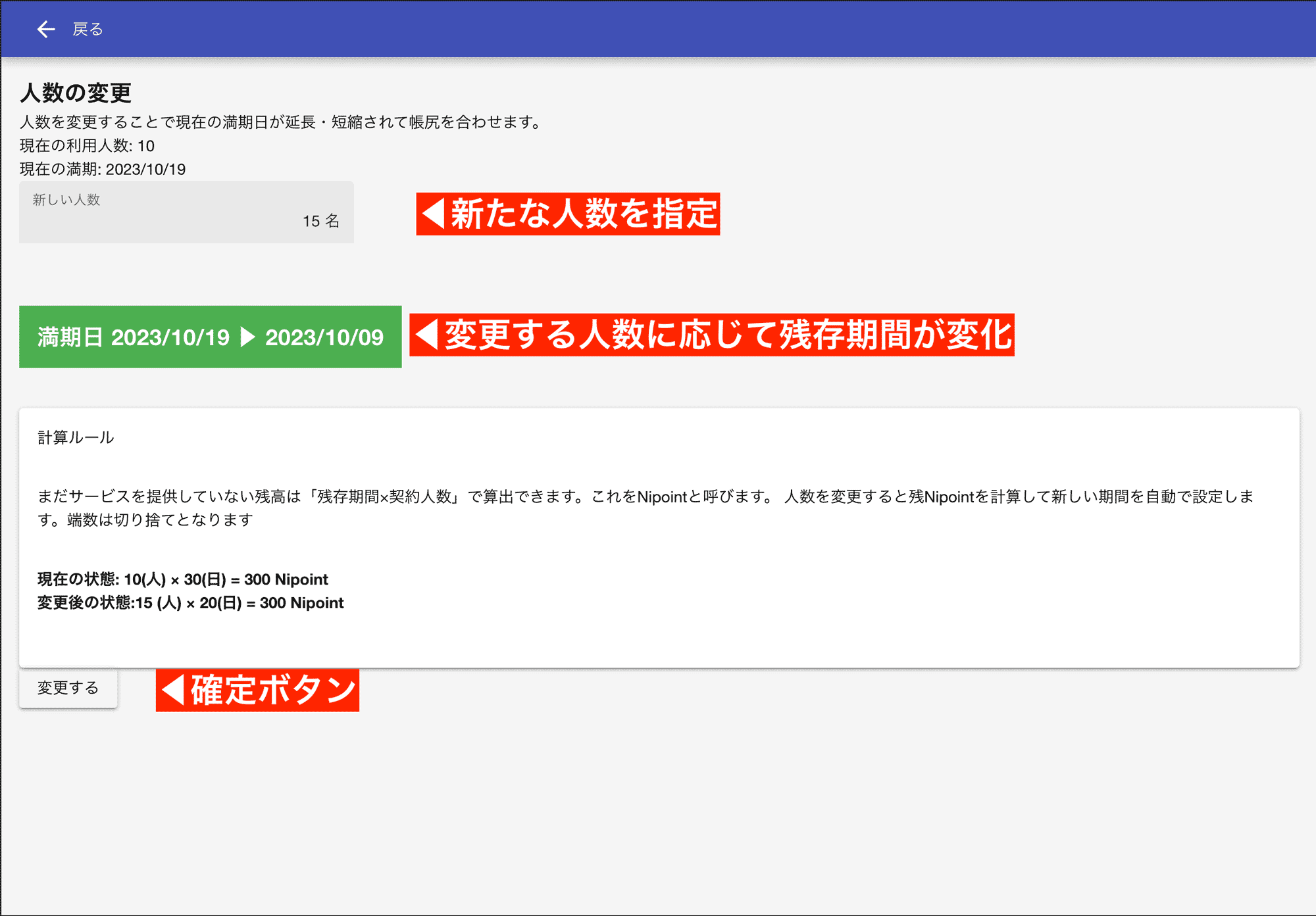 契約期間中の人数変更に伴う過不足は残存期間で調整されます
