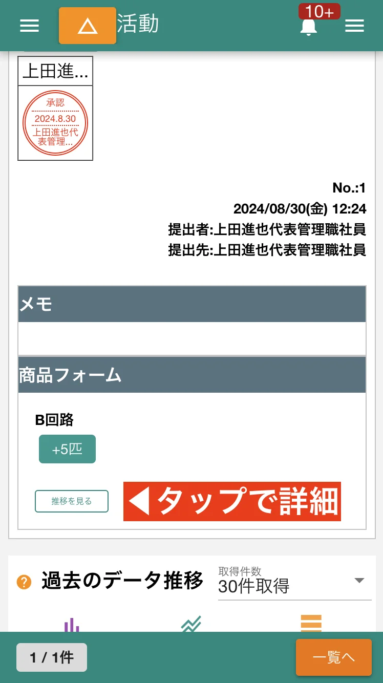 日報を受け取ると、入出庫記録や状態変更の履歴が一覧で確認できます。増減した数量や新しい状態が一目で分かります