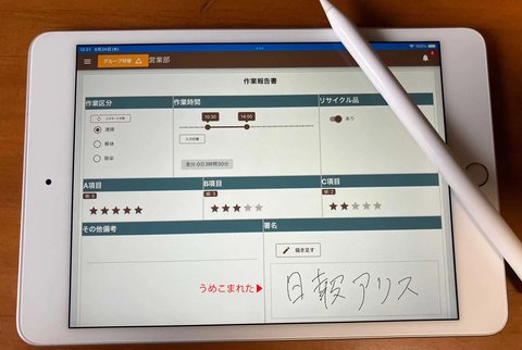 ペンを使って直筆サインを埋め込む日報